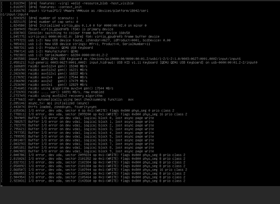 VM console showing I/O errors and initramfs shell
